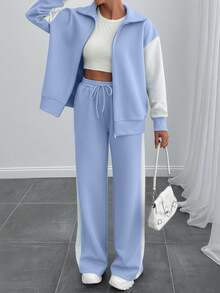 EURMUSE Women Contrast Color High Neck Zipper Detailed Sweatshirt And Sweatpant - Baby Blue - View 5