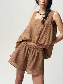 Bohemela Women's Casual, Versatile Shades Of Brown Textured Woven Tank Top And Shorts Two-Piece Set – Perfect For Vacation Summer - Green - View 5