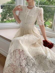 DAZY Elegant Romantic Lace Waist Dress, Suitable For Spring/Summer Holidays Sundress Tea Party Beige - Beige - View 9