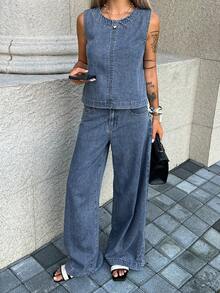 DAZY 女款寬鬆休閒無袖上衣與直筒牛仔褲套裝，適合春夏季 - 藍色 - 查看 4