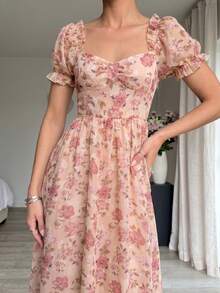 Modelyn Petite 女款春夏梭織鏤空腰部A字優雅浪漫花瓣袖中長洋裝，優雅夏季花卉洋裝，適合嬌小女性 - 彩色 - 查看 10