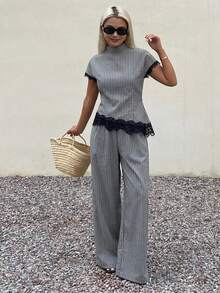 DAZY Spring Summer Women's Striped Waist-Cinched Short Sleeve Asymmetrical Hem Design Lace Patchwork Loose Fit 2pcs Set Long Pants - Grey - View 1