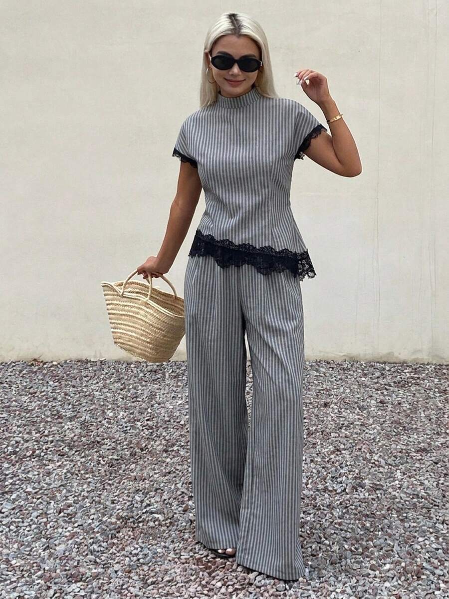 DAZY Spring Summer Women's Striped Waist-Cinched Short Sleeve Asymmetrical Hem Design Lace Patchwork Loose Fit 2pcs Set Long Pants - Grey - View 1