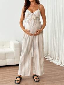 SHEIN Maternity Spaghetti Strap Bow Decor Striped Jumpsuit - Khaki - View 8