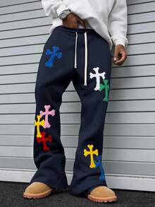 PAVTROS Men's Cross Patchwork Drawstring Waist Casual Sweatpants - Navy Blue - View 4