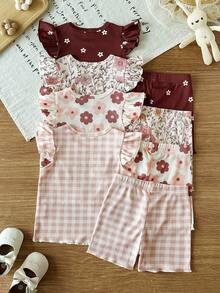 SHEIN Vintaside Kids 嬰兒女童多件套裝 夏季圓領無袖簡約時尚日常數位印花背心搭配休閒簡約時尚針織羅紋短褲套裝 適合外出、公園散步、日常休閒、露營、野餐及度假穿著 - 彩色 - 查看 2