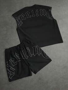 SLATEMANN Men's Summer Casual Letter Print Tank Top And Shorts Set, Holiday - Black - View 4