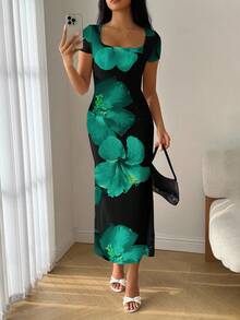 Modelyn Summer Square Neck Mermaid Ruffle Fitted Dress Vacation Black Flower Tropical - Multicolor - View 5