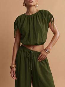 Zivah Women's Solid Color Pleated Top And Lantern Pants Casual Daily Set - Army Green - View 11