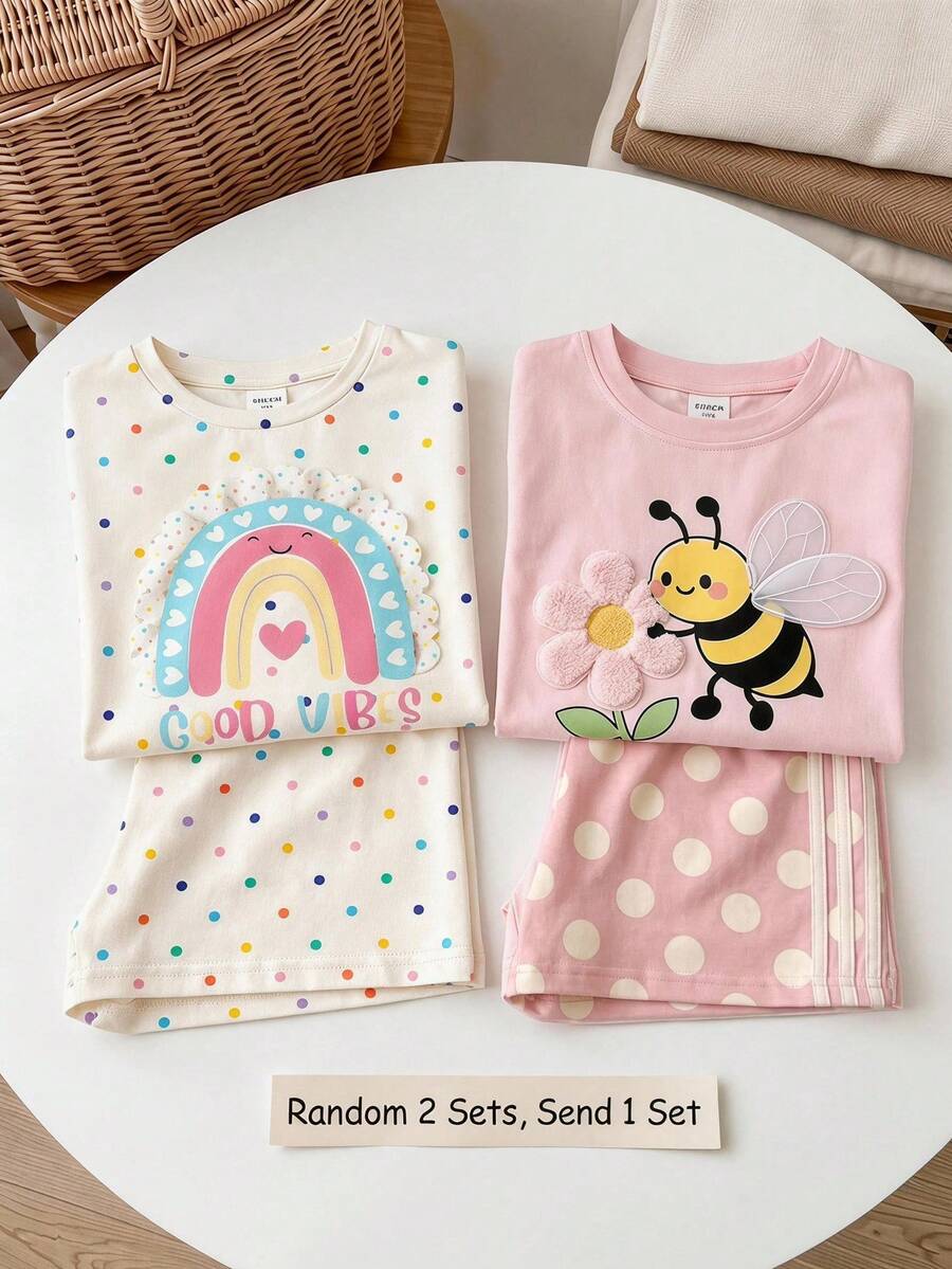 Cute 3D Rainbow Colorful Polka Dot Pattern, Young Girls Simple Casual Loose Top And Shorts 2-Piece Set Suitable For Spring/Summer Daily, Homecoming, Back To School, Cute Vibes, Chill Chill - Multicolor - View 1