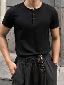 DAZY Slim Fit Black Elastic Fabric Half-Zip Men's T-Shirt Summer - Black - View 3