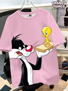 Looney Tunes X Manfinity Manfinity Joysei Áo thun nam tay ngắn cổ tròn in hình động vật hoạt hình - Hồng - Xem 1