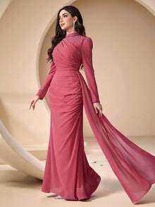Coutiva Damen Abendkleid mit Stehkragen und Kunstperle, Kleid für Hochzeitsgäste, Partykleid, Abendkleid - Pink - Übersicht 7