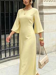 Yasmyna Round Neck Back Hollow Pearl Embellished Waist-Cinched Yellow Arabian Dress - Yellow - View 7