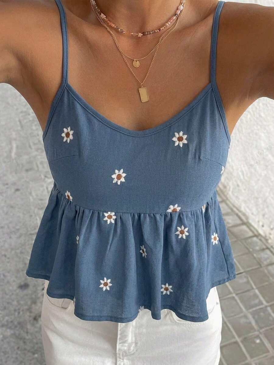 DAZY 女款夏季度假風花卉刺繡滿版印花細肩帶背心 極簡性感休閒外出背心上衣 - 藍色 - 查看 1