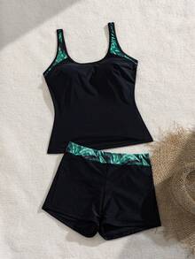 Swim Lushoire 女款夏季海灘熱帶印花拼接分體式比基尼套裝 - 黑色 - 查看 4