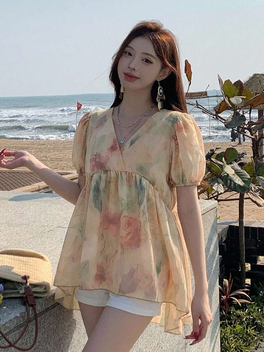DAZY 女款休閒度假夏季上衣,滿版花卉、寬鬆長袖圓領可愛上衣 - 粉色 - 查看 1