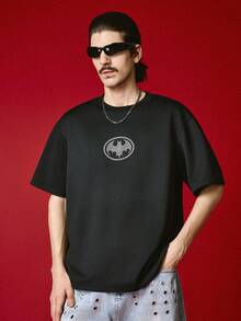 BATMAN X SHEIN STYNVO Men's Casual Rhinestone Bat Print T-Shirt, Summer, Holiday - Black - View 2