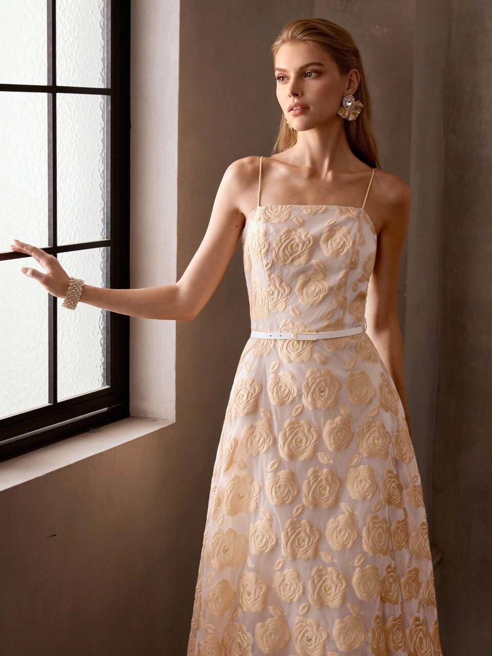 NICHE DESIGN EMBROIDERED ROSE ELEGANT FASHIONABLE SOPHISTICATED GRACEFUL CINCHED WAIST LUXURIOUS MIDI DRESS FOR WOMEN