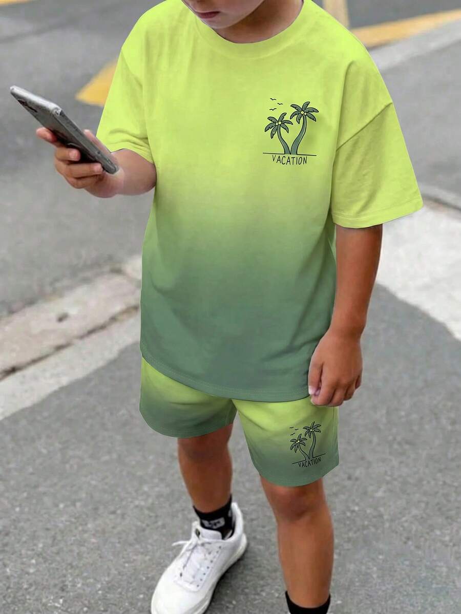 兒童青少年男孩休閒舒適時尚簡約圓領短袖T恤與短褲套裝,經典萊姆綠漸層圖案印花 - 彩色 - 查看 1