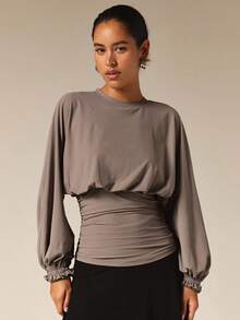 COSMINA Women's Elegant French Waist-Defining Lantern Sleeve Top Dinner Everyday Maroon Autumn - Mocha Brown - View 4