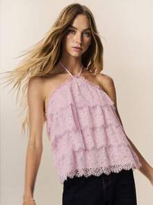 Willow Rêve Top halter de mujer rosa con volantes de encaje en capas, estilo bohemio, Día de San Valentín, estilo romántico de vacaciones - Rosa - Ver 6