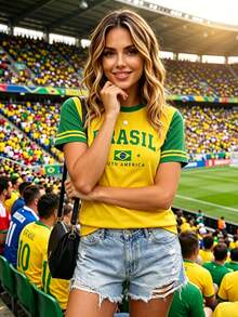 SHEIN Foxxy 2626 世界盃 BRASIL 巴西國旗字母印花對比色短袖女款 T-shirt，世界盃球迷黃綠條紋袖寬鬆休閒上衣 - 彩色 - 查看 5