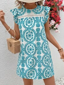 Vivid Eden Women's Round Neck Cap Sleeve Floral Lace Patchwork A-Line Casual Vacation Dress - Green - View 4
