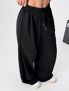 SHEIN EZwear 黑色針織女款抽繩腰寬腿寬鬆運動長褲 - 黑色 - 查看 9