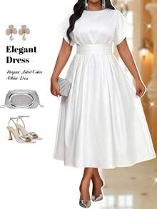 Fleurora Women's High Waist Short Sleeve Plus Size Dress - White - View 4