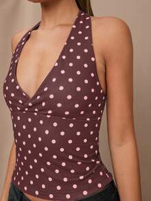 SHEIN BAE Áo kiểu yếm cổ yếm in chấm bi, thích hợp cho bữa ăn trưa, đi chơi, hẹn hò, đi làm, đi du thuyền, hoặc ở Ibiza. - Nhiều màu - Xem 6
