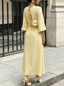 Yasmyna Round Neck Back Hollow Pearl Embellished Waist-Cinched Yellow Arabian Dress - Yellow - View 6