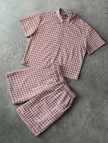 PAVTROS Men's Letter Embroidery Plaid Pattern Short Sleeve Shirt And Shorts Set - Multicolor - View 2