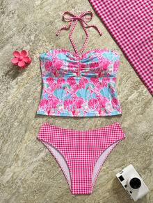 Swim Vcay 2件/組 夏季新款花卉印花兩件式比基尼套裝，甜美櫻桃格紋比基尼泳裝褲，休閒度假、婚禮與活動、花卉泳衣、朱槿泳衣、情人節 - 淺藍色 - 查看 2