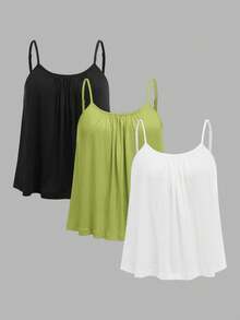 Comfortcana 3pcs Plus Size Women's Ruched Loose Camisole Tank Tops With Adjustable Straps, Suitable For Spring And Summer - Multicolor - View 1