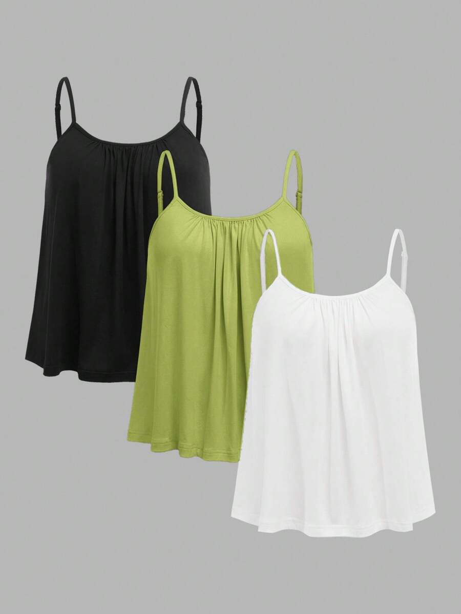Comfortcana 3pcs Plus Size Women's Ruched Loose Camisole Tank Tops With Adjustable Straps, Suitable For Spring And Summer - Multicolor - View 1
