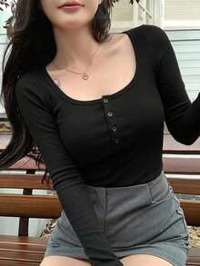 DAZY Women's Solid Color Button Design Long Sleeve Ribbed Slim Fit Casual T-Shirt Cute Tops - Black - View 6