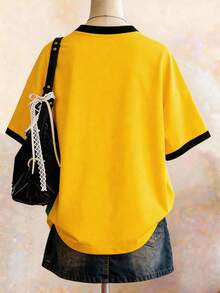 青少年女孩夏季休閒拼色條紋巴西印花T恤 - 彩色 - 查看 2
