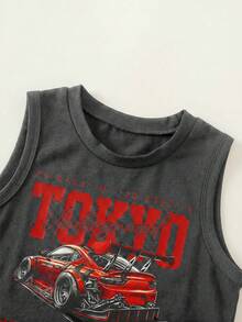 SHEIN 2pcs/Set Baby Boy Street Style Cute Versatile Knit Car Pattern Print Tank Top & Denim Shorts Set, Tank Top Set, Denim Set, Racing Set - Multicolor - View 10