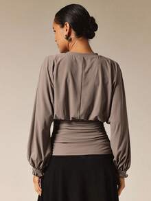 COSMINA Women's Elegant French Waist-Defining Lantern Sleeve Top Dinner Everyday Maroon Autumn - Mocha Brown - View 6