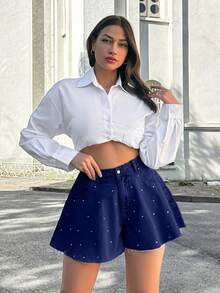 EURMUSE 100Cotton MID WAIST DIAMOND DETAILED SHORT Work Navy Blue Summer Streetwear - Dark Wash - View 4