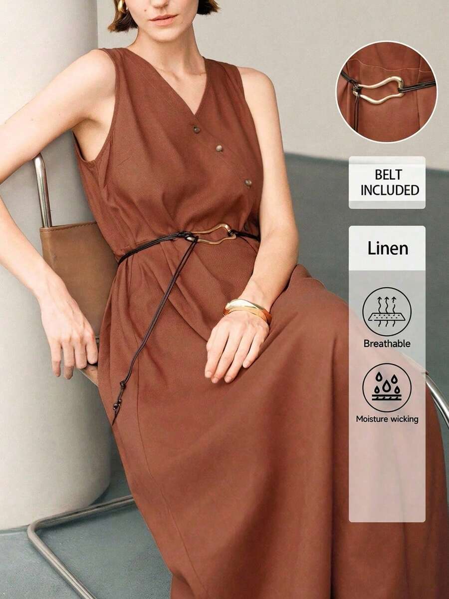 Uhlyne Uhlyne 优雅休闲斜襟抽绳腰女式连衣裙 - 咖啡 - 查看 1