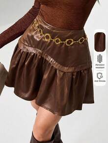 Modelyn Rok Mini Wanita dengan Hem Berlapis Bahan Kulit Sintetis - Coklat - View 2