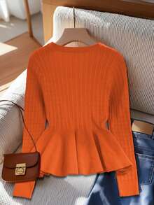 GlowEve Autumn/Winter New Elegant Chic Minimalist Atmospheric Hollow Round Neck Long Sleeve Ruffle Hem Pocket Metal Bow Button Twist Texture Women Sweater - Orange - View 2