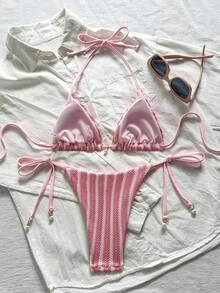 Swim Mod 女款春夏季緹花面料掛脖珍珠吊墜比基尼套裝 - 粉色 - 查看 3