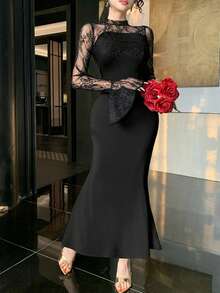 DAZY Spring Summer Autumn Semi-High Neck Lace Patchwork Long Sleeve Waist-Cinching Black Slim Fit Elegant Women's Dress - Black - View 2