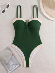Swim Chiccia 女款螺紋撞色V領鋼圈式連身泳衣 - 綠色 - 查看 3