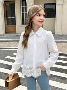 SHEIN 女童白色長袖荷葉邊領襯衫 - 白色 - 查看 5
