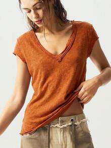 Bohemela Damen T-Shirt für Sommer und Ostern, einfarbig gestrickt, V-Ausschnitt, Kurzarm, figurbetont, gewaschen - Orange - Übersicht 4