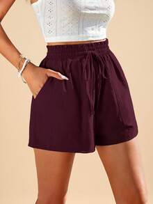Travachic Women's Solid Color Drawstring Waist Spring Shorts - Maroon - View 3